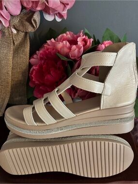 Blythe Women's Cream Strappy Wedge Sandals with Rhinestone like Trim